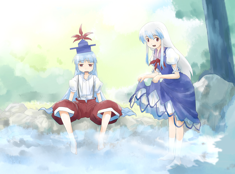 :d arms_at_sides barefoot blue_dress blue_hat borrowed_garments day dress flat_chest fujiwara_no_mokou gradient_hair haniwa_(leaf_garden) hat hat_removed headwear_removed headwear_switch jitome kamishirasawa_keine long_hair looking_at_viewer multicolored_hair multiple_girls nature on_ground open_mouth outdoors pants puffy_short_sleeves puffy_sleeves red_eyes red_pants shirt short_sleeves sitting skirt_hold smile soaking_feet standing suspenders touhou tree very_long_hair wading water white_shirt