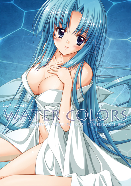 bare_shoulders blue_eyes blue_hair blush breasts cleavage closed_mouth dress eyebrows_visible_through_hair hand_on_own_chest hasegawa_yukino head_tilt large_breasts looking_at_viewer midriff navel original smile solo stomach white_dress