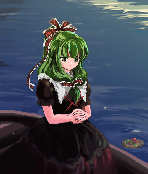 artist_request black_dress boat dress front_ponytail green_eyes green_hair hands_clasped kagiyama_hina own_hands_together solo touhou watercraft