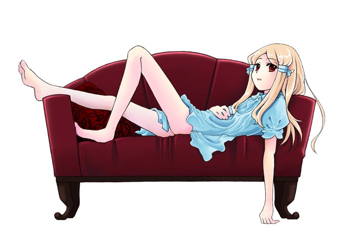 barefoot blonde_hair blue_dress couch dress feet full_body hair_tubes hand_on_own_stomach kuroda_bb long_hair looking_at_viewer lying on_back original puffy_short_sleeves puffy_sleeves red_eyes short_sleeves simple_background soles solo white_background