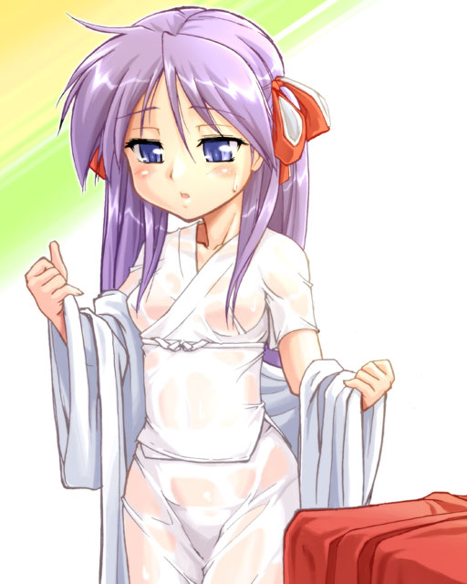 blue_eyes blush breasts collarbone embarrassed eyelashes groin hair_ribbon hakama hiiragi_kagami japanese_clothes kimono long_hair lucky_star medium_breasts miko open_mouth purple_hair red_hakama ribbon see-through solo sweat tsurime twintails undressing urase_shioji wet wet_clothes wide_hips