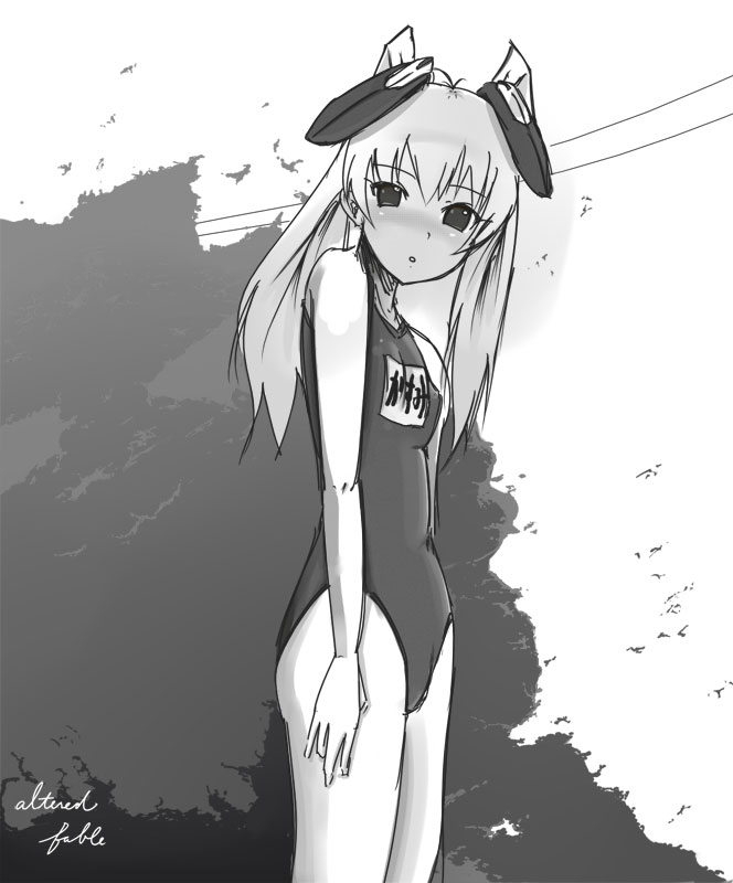 artist_request copyright_request greyscale monochrome name_tag one-piece_swimsuit school_swimsuit solo swimsuit