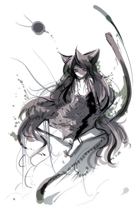 abstract animal_ears cat_ears cat_tail copyright_request greyscale kei_(keigarou) light_smile long_hair looking_at_viewer monochrome solo tail very_long_hair