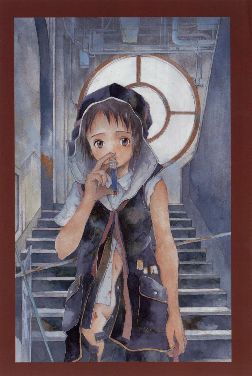 blood bloody_clothes brown_hair cable dirty_clothes expressionless highres holding hood indoors looking_at_viewer miura_yasuto mole mole_under_eye navel no_panties original pipes pocket rust school_uniform shirt short_hair short_sleeves skirt solo stairs test_tube torn_clothes unbuttoned