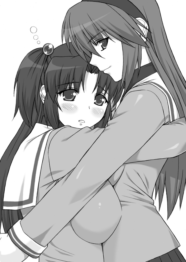 clannad greyscale hug ichinose_kotomi monochrome multiple_girls sakagami_tomoyo shichimenchou