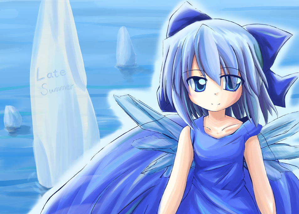 alternate_costume blue_dress blue_eyes blue_hair bow cirno collarbone dress english hair_bow ice ice_wings looking_at_viewer makino_(ukiuo) short_hair sleeveless sleeveless_dress solo touhou water wings