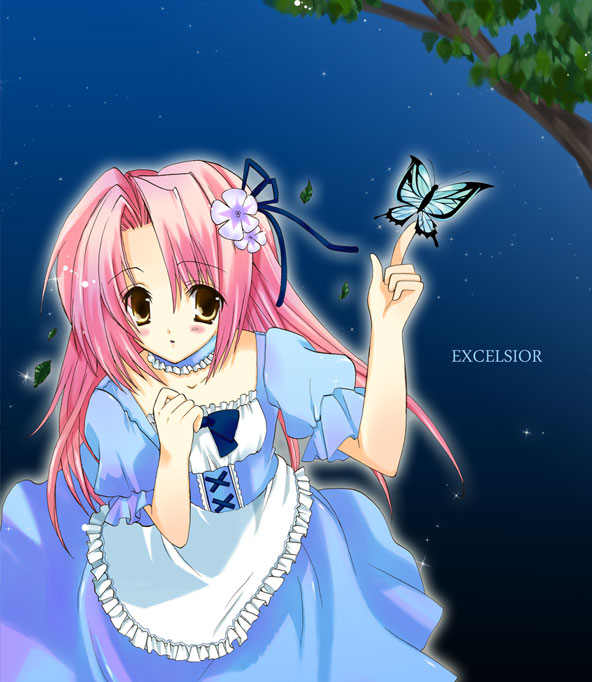 bug butterfly dress flower hair_flower hair_ornament insect long_hair night night_sky original ouse_aya pink_hair sky solo