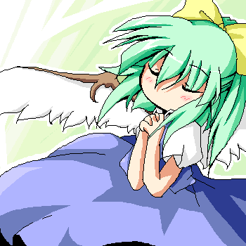 alternate_wings blue_dress blush bow closed_eyes daiyousei dress green_hair hair_bow hands_clasped lowres own_hands_together ponytail solo take_tonbo touhou wings
