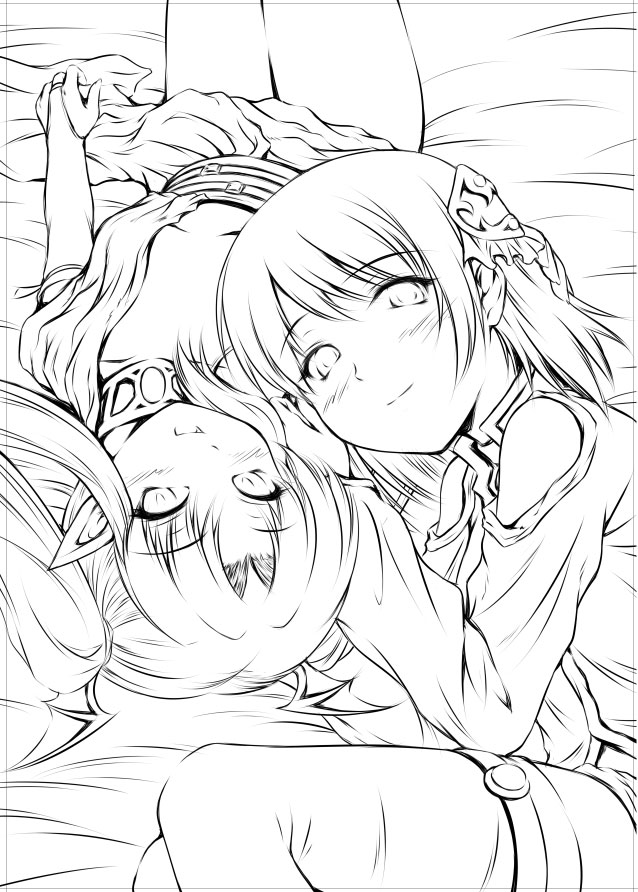 bare_legs bed_sheet blush breasts cleavage greyscale knees_up looking_at_viewer monochrome multiple_girls original pointy_ears short_hair small_breasts thigh_gap yuzu_momo