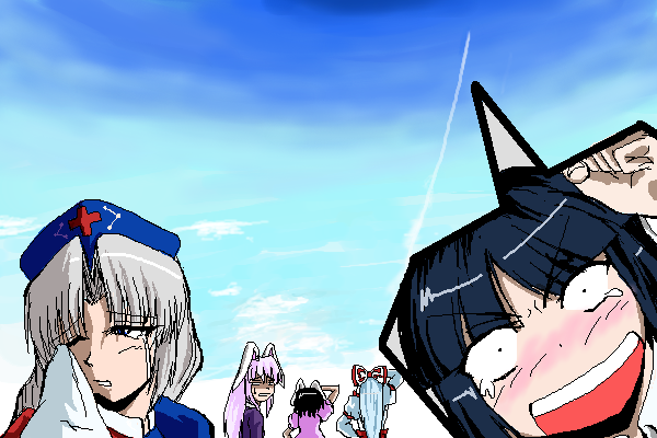 angry animal_ears artist_request bangs black_hair blue_hair blue_sky blunt_bangs blush bow bunny_ears cloud condensation_trail covering_eyes crying d: day everyone fujiwara_no_mokou hair_bow hand_on_hip handkerchief houraisan_kaguya inaba_tewi liftoff long_hair looking_away looking_back looking_up multiple_girls nose_blush oekaki one_eye_closed open_mouth outdoors parody parted_bangs ponytail reisen_udongein_inaba rocket scared silver_hair sky sweatdrop tears touhou v-shaped_eyebrows yagokoro_eirin