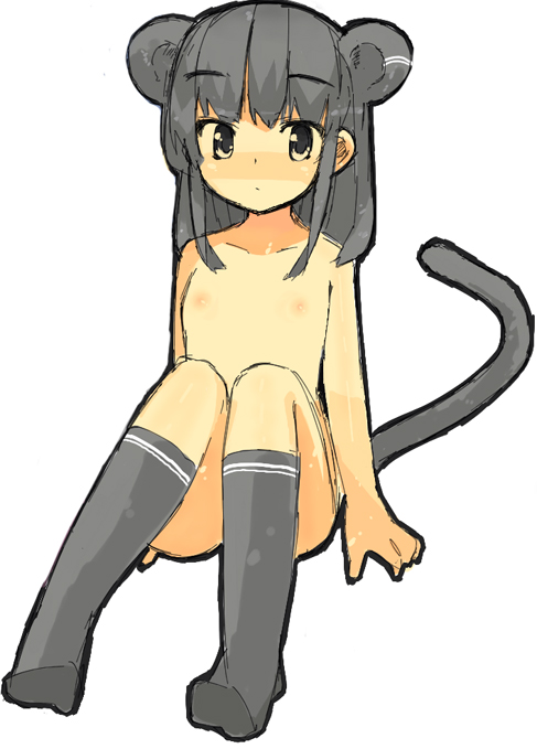 animal_ears copyright_request flat_chest kneehighs mouse_ears mukoujima_tenro nude socks solo tail