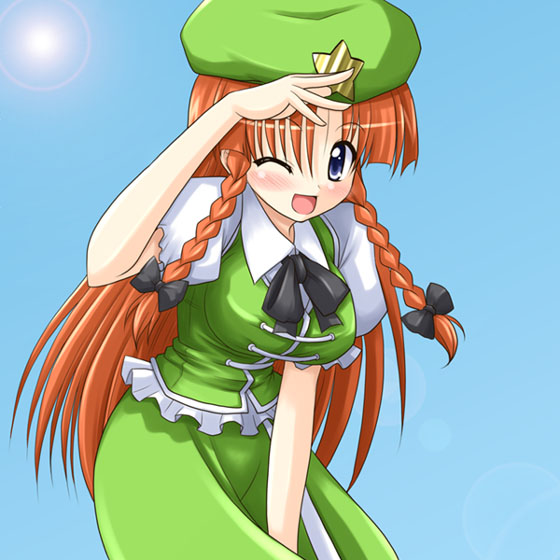 blue_eyes blush bococho bow bowtie braid breasts day hair_bow hat hong_meiling large_breasts leaning_forward long_hair one_eye_closed red_hair salute shading_eyes sky solo sun touhou twin_braids