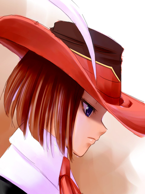 blue_eyes brown_hair cavalier closed_mouth cravat feathers final_fantasy final_fantasy_xi from_side frown hat hat_feather hume portrait red_mage short_hair solo tori_(torinchi)