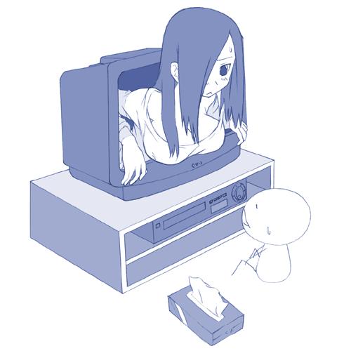 2ch artist_request blue breast_rest breasts large_breasts lowres monochrome parody solo television the_ring through_screen tissue yamamura_sadako
