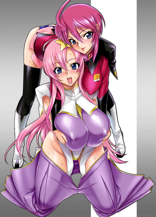 :p ahoge bent_over black_legwear blue_eyes blue_panties blush boots breast_grab breasts covered_nipples grabbing gundam gundam_seed gundam_seed_destiny hair_ornament huge_breasts knee_boots kneeling leotard long_hair lunamaria_hawke meer_campbell military military_uniform multiple_girls panties pink_hair pink_skirt purple_leotard satou_shouji short_hair skirt star star_hair_ornament sweat thighhighs tongue tongue_out underwear uniform white_leotard yuri