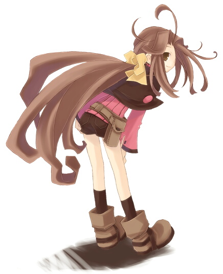 ahoge ankle_boots artist_request ass belt belt_pouch bent_over black_legwear boots brown_eyes brown_footwear brown_hair castille_(phantom_brave) full_body long_hair looking_at_viewer messy_hair phantom_brave pocket pouch simple_background socks solo standing very_long_hair white_background