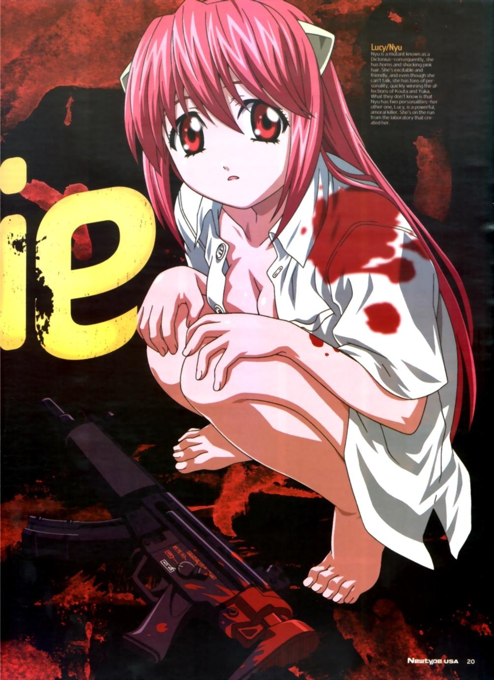 artist_request barefoot blood breasts cleavage elfen_lied feet gun h&amp;k_mp5 heckler_&amp;_koch highres horns long_hair lucy_(elfen_lied) medium_breasts newtype nyuu open_clothes open_mouth open_shirt pink_hair red_eyes scan shirt solo squatting submachine_gun very_long_hair weapon