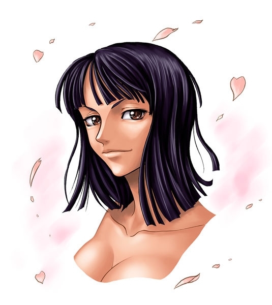 bangs black_hair blunt_bangs breasts brown_eyes cleavage collarbone kagami_hirotaka large_breasts nico_robin one_piece short_hair simple_background smirk solo upper_body white_background