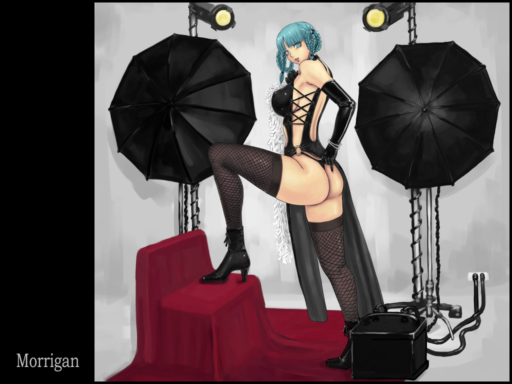 ark_(morita_hitomi) ass black_legwear breasts character_name cosplay dead_or_alive elbow_gloves gloves large_breasts latex latex_dress latex_gloves lei_fang lei_fang_(cosplay) morrigan_aensland pelvic_curtain solo source_request thighhighs vampire_(game)