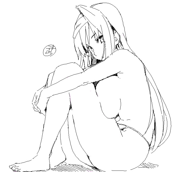 arcana_heart barefoot breast_press breasts feet greyscale hairband huge_breasts leg_hug long_hair monochrome oekaki panties sideboob sitting sketch solo takeda_hiromitsu topless tsuzura_saki underwear