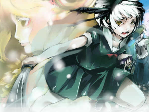 2girls cherry_blossoms enpou hat hitodama konpaku_youki konpaku_youmu konpaku_youmu_(ghost) multiple_girls saigyouji_yuyuko sword touhou weapon