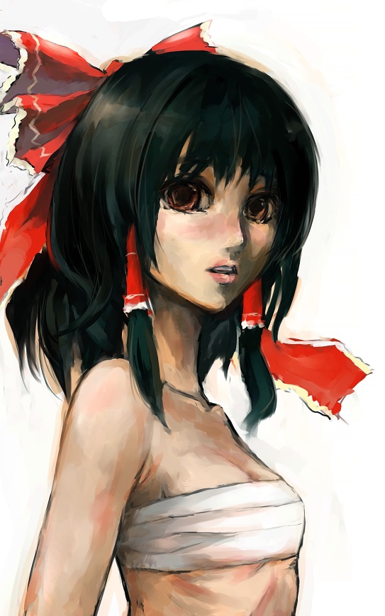 bandages black_hair blush bow breasts brown_eyes cleavage fujikawa_daichi hair_bow hakurei_reimu looking_at_viewer red_bow sarashi simple_background small_breasts solo touhou white_background