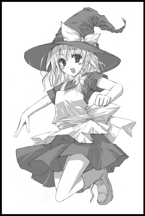 :d apron bangs boots border bow braid clenched_hand dress eyebrows_visible_through_hair full_body greyscale hair_bow hat hat_bow jumping kirisame_marisa long_hair looking_at_viewer monochrome open_mouth shibusawa_hayato short_sleeves simple_background single_braid smile solo touhou white_background witch_hat