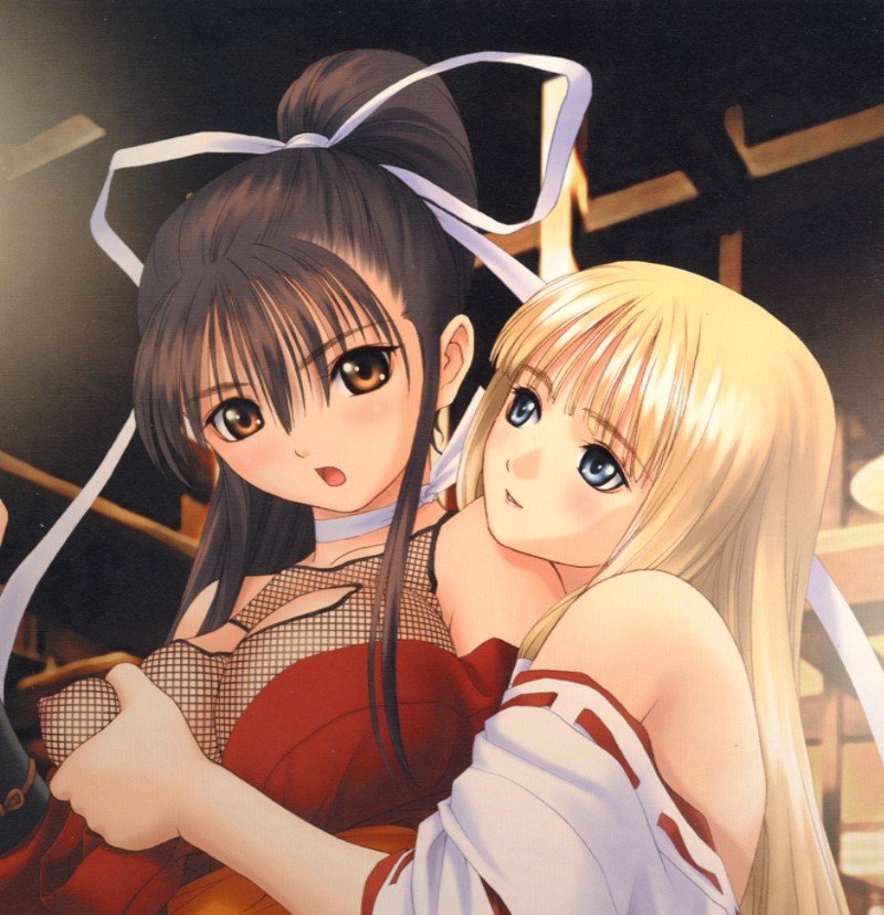 black_hair blonde_hair blue_eyes blush breast_squeeze breasts brown_eyes choker fishnets hair_ribbon japanese_clothes kureha_(mitama_~shinobi~) large_breasts long_hair miko mitama_~shinobi~ multiple_girls ninja nipples ponytail ran_(mitama_~shinobi~) ribbon tanaka_takayuki yuri