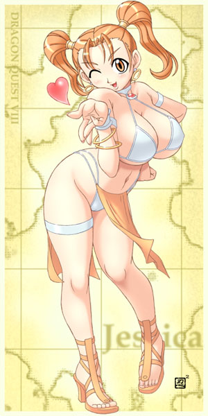 breasts dancer's_costume_(dq) dragon_quest dragon_quest_viii hand_on_hip heart high_heels huge_breasts jessica_albert kenix leaning_forward map one_eye_closed orange_eyes orange_hair pelvic_curtain plump sandals shoes signature solo twintails wide_hips