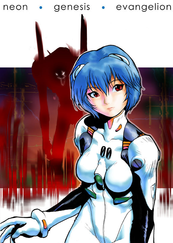 ayanami_rei bad_deviantart_id bad_id bangs blue_hair bodysuit bracer chester_ocampo closed_mouth copyright_name cowboy_shot expressionless gloves glowing glowing_eyes hair_between_eyes hair_ornament head_tilt looking_at_viewer mecha neon_genesis_evangelion number outline pilot_suit plugsuit red_eyes short_hair silhouette solo teeth turtleneck white_bodysuit