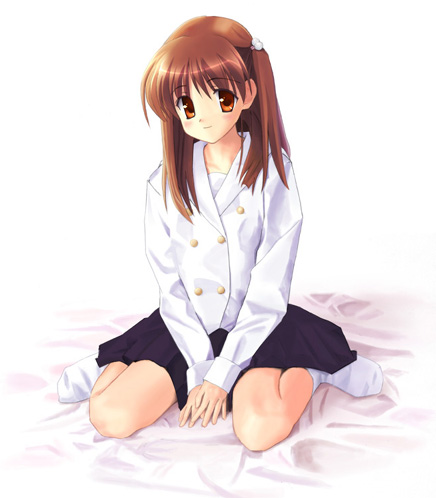 bangs bed_sheet brown_hair double-breasted full_body hair_bobbles hair_ornament long_hair long_sleeves looking_at_viewer lowres no_shoes orange_eyes original orino_yushi sitting skirt smile socks solo two_side_up wariza white_legwear