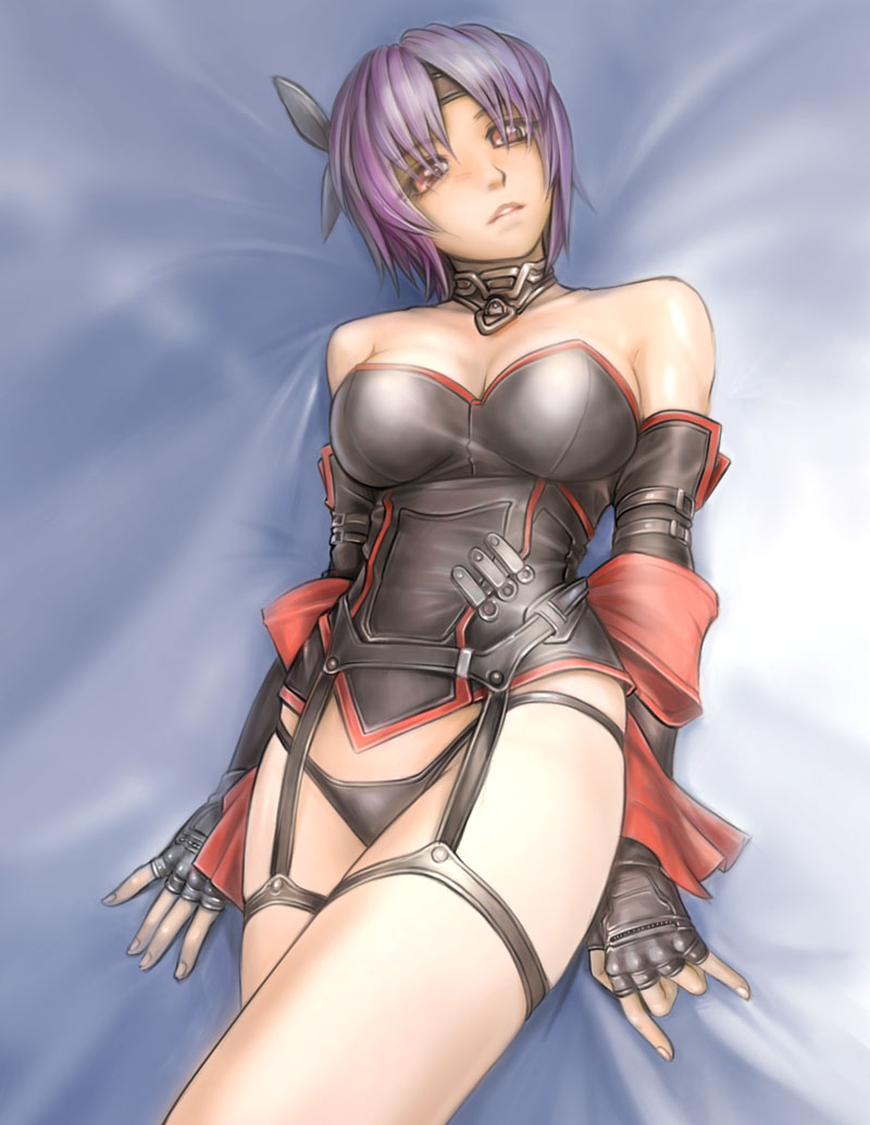 ayane_(doa) bare_shoulders breasts choker corset dead_or_alive elbow_gloves fingerless_gloves garter_belt gloves kuratch lingerie medium_breasts panties purple_hair ribbon solo strap underwear