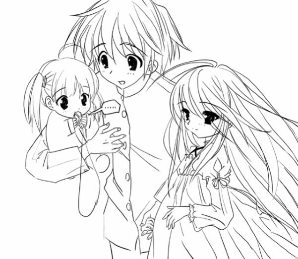 2girls ahoge alastor_(shakugan_no_shana) artist_request buttons child couple eating family father_and_daughter gakuran greyscale hetero holding if_they_mated jewelry long_hair long_sleeves monochrome mother_and_daughter multiple_girls pendant pregnant sakai_yuuji school_uniform shakugan_no_shana shana simple_background upper_body very_long_hair white_background