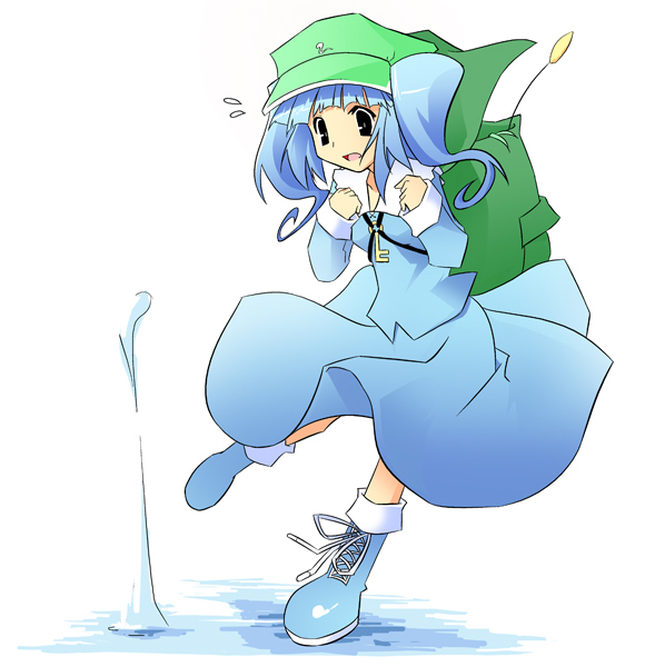 :d backpack bag blue_dress blue_eyes blue_hair boots dress flat_cap full_body hat itose_ikuto kawashiro_nitori open_mouth pocket rubber_boots simple_background smile solo touhou two_side_up walking walking_on_liquid water white_background
