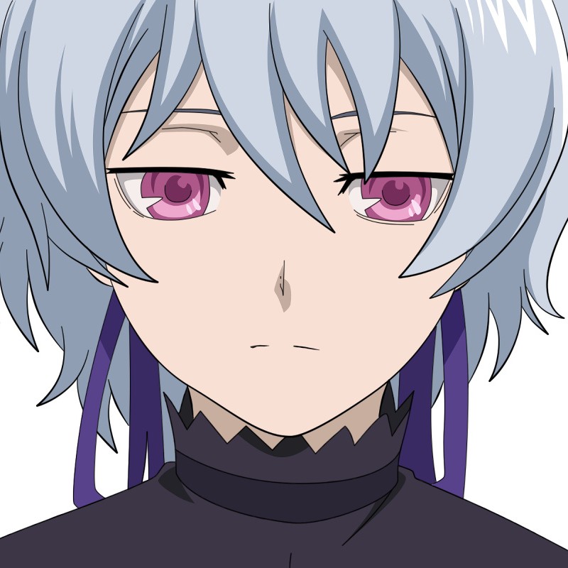 artist_request darker_than_black expressionless hair_between_eyes jitome pink_eyes short_hair silver_hair simple_background solo sweater turtleneck white_background yin