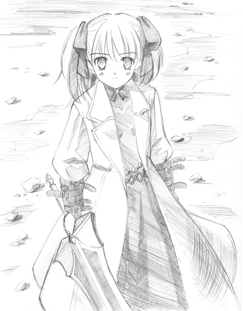 coat dress greyscale monochrome orino_yushi raquel_applegate sketch solo sword two_side_up weapon wild_arms wild_arms_4