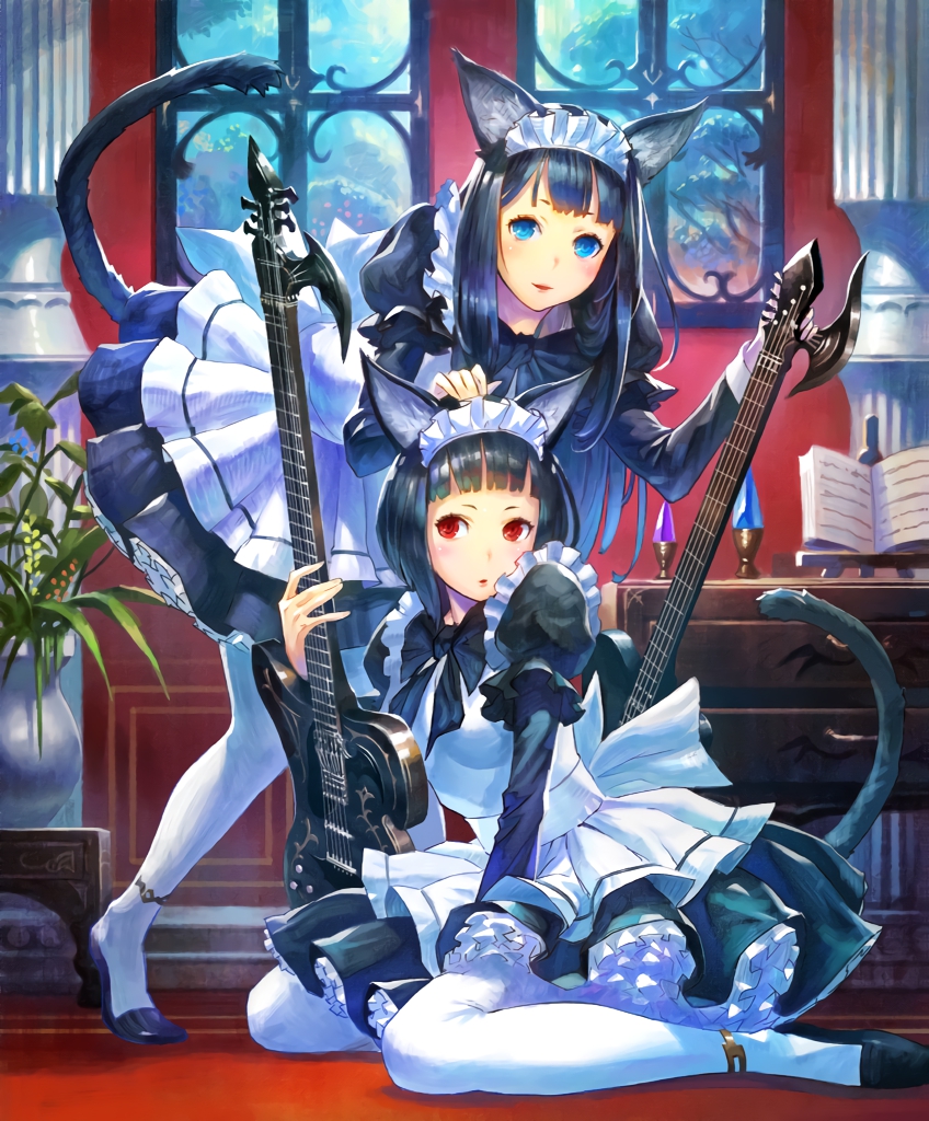2girls animal_ears apron artist_request aza_&amp;_iza_feline_maids black_hair blue_eyes book cat_ears cat_tail cygames drawer electric_guitar expressionless frills guitar holding holding_instrument instrument leaning_forward maid maid_apron maid_headdress multiple_girls official_art pantyhose red_eyes ribbon shadowverse sitting smile tail