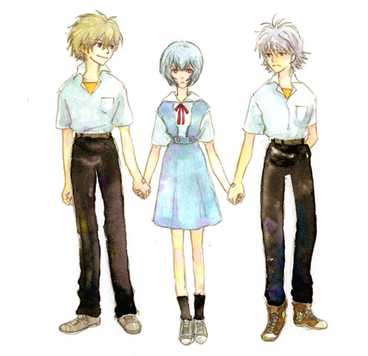 2boys ayanami_rei blue_hair dual_persona holding_hands lrk multiple_boys nagisa_kaworu neon_genesis_evangelion traditional_media watercolor_(medium)