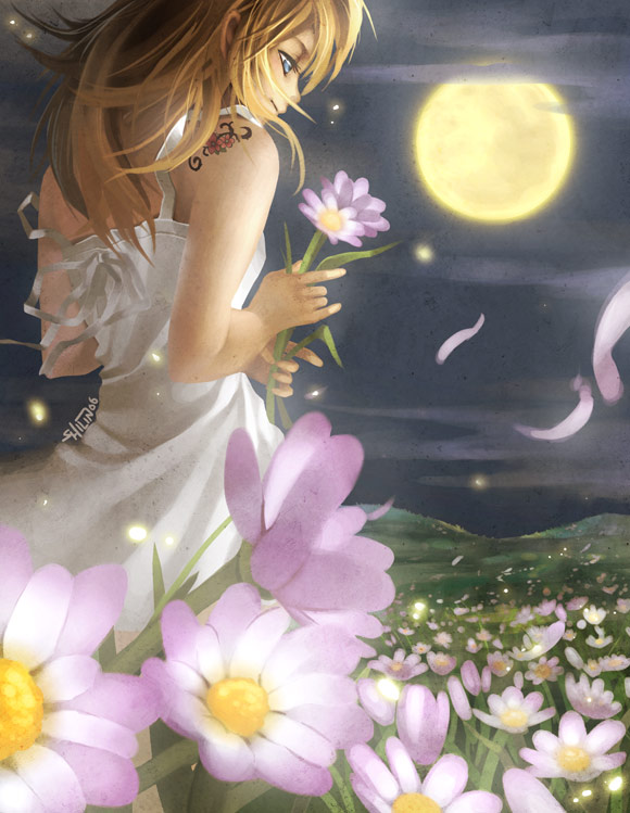 blonde_hair blue_eyes dress fireflies flower full_moon moon original petals profile shilin solo tattoo white_dress