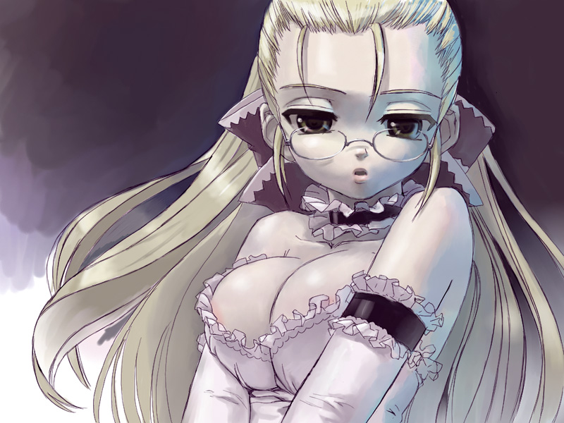 areola_slip areolae arm_garter bangs bare_shoulders blonde_hair breast_squeeze breasts choker cleavage close-up copyright_request elbow_gloves frills glasses gloves green_eyes hair_ribbon inu large_breasts lips long_hair naughty_face no_bra open_mouth ribbon solo very_long_hair