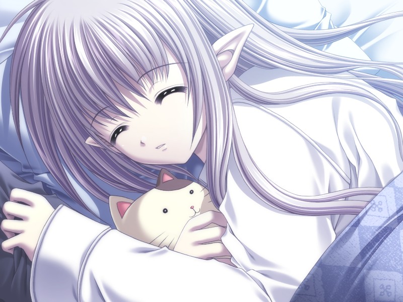 bed cat closed_eyes game_cg long_hair nishimata_aoi pajamas pointy_ears primula purple_hair shuffle! sleeping solo stuffed_animal stuffed_cat stuffed_toy