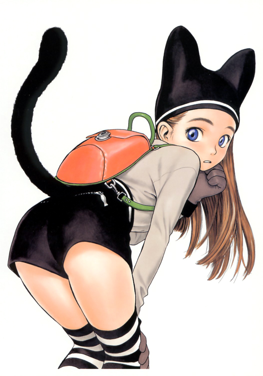 animal_ears animal_hat ass backpack bag blue_eyes brown_hair cat_ears cat_hat cat_tail feet_out_of_frame hat highres murata_renji solo tail thighhighs