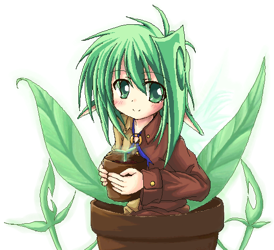 brown_jacket flower_pot green_eyes green_hair holding jacket leaf long_sleeves looking_at_viewer makino_(ukiuo) oekaki original plant plant_girl potted_plant simple_background solo white_background