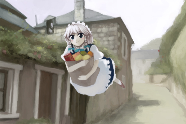 braid flying izayoi_sakuya oisin oota_jun'ya_(style) parody shopping short_hair silver_hair smile solo style_parody touhou twin_braids