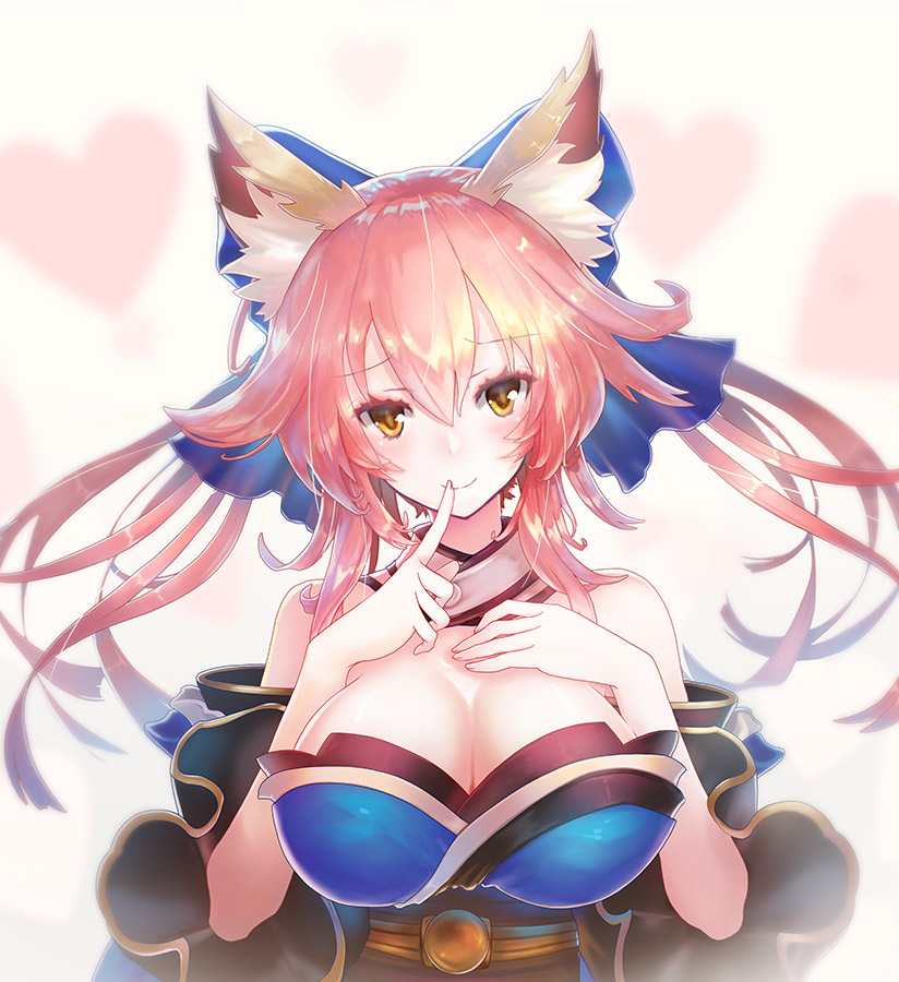 1girl animal_ear_fluff animal_ears bangs bare_shoulders blue_kimono breasts cleavage commentary_request fate/extella fate/extra fate/grand_order fate_(series) finger_to_mouth fox_ears hair_between_eyes hand_on_own_chest heart heart_background japanese_clothes kimono large_breasts long_hair long_sleeves looking_at_viewer orange_eyes pink_background pink_hair shushing smile tamamo_(fate)_(all) tamamo_no_mae_(fate) tanaka_ken'ichi upper_body wide_sleeves