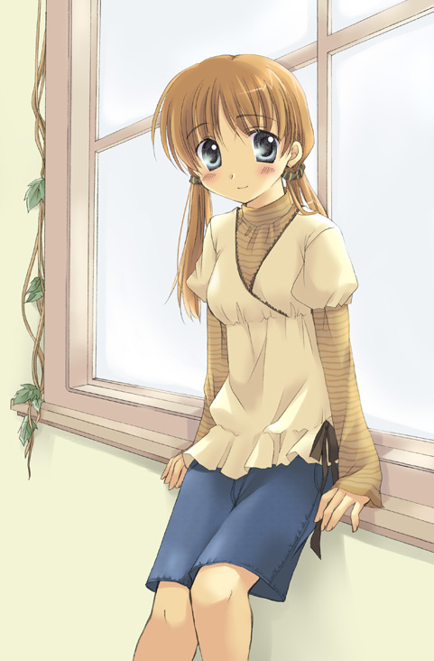 bare_legs blue_hair bow brown_hair koyuki_(2smj) leaning looking_at_viewer original plant shorts sitting solo turtleneck twintails vines window