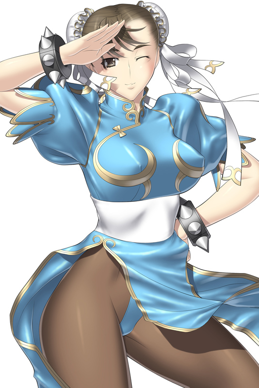 bracelet breasts brown_eyes brown_hair bun_cover china_dress chinese_clothes chun-li covered_nipples dress jewelry kansuke medium_breasts pantyhose pelvic_curtain sash solo spiked_bracelet spikes street_fighter
