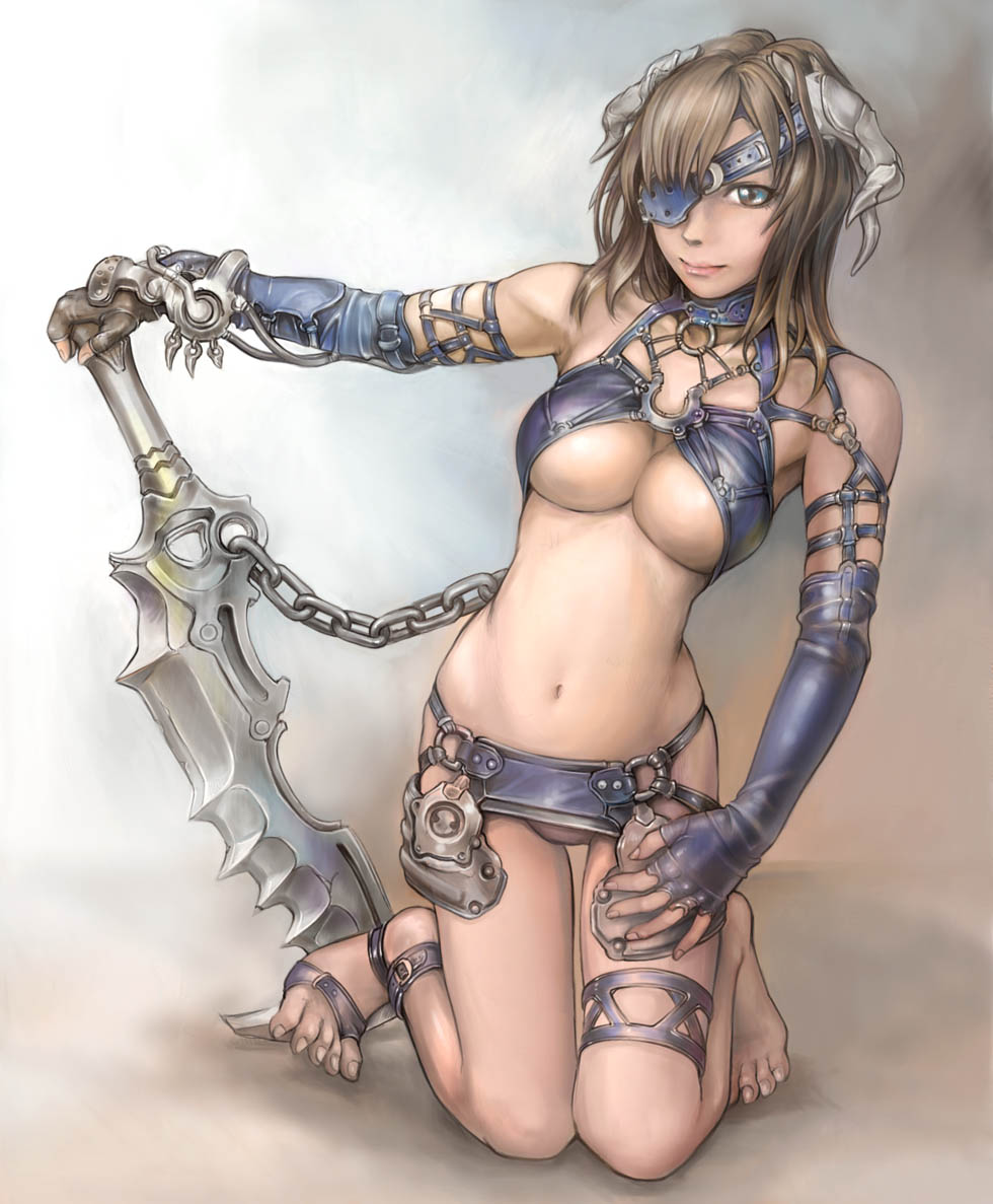 barefoot breasts brown_hair chain cleavage elbow_gloves eyepatch feet fingerless_gloves gloves horns kuratch large_breasts leather midriff original solo sword toes underboob weapon