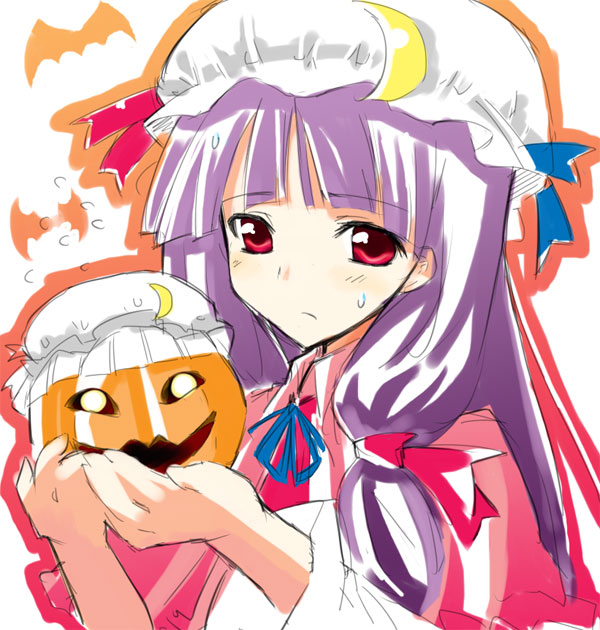 gochou_(atemonai_heya) halloween jack-o'-lantern patchouli_knowledge pumpkin solo touhou