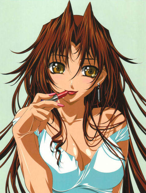 applying_makeup blush breasts brown_hair cleavage close-up cosmetics earrings eclair_(kiddy_grade) fingernails gotou_keiji jewelry kiddy_grade large_breasts lipstick lipstick_tube long_fingernails long_hair makeup nail_polish no_bra non-web_source off_shoulder orange_eyes pink_nails single_earring smile solo very_long_hair